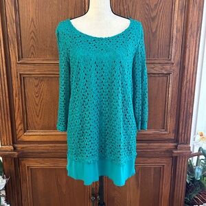 JM Collection Teal Green Lace with Layered Chiffon Trim Hem Size Large
